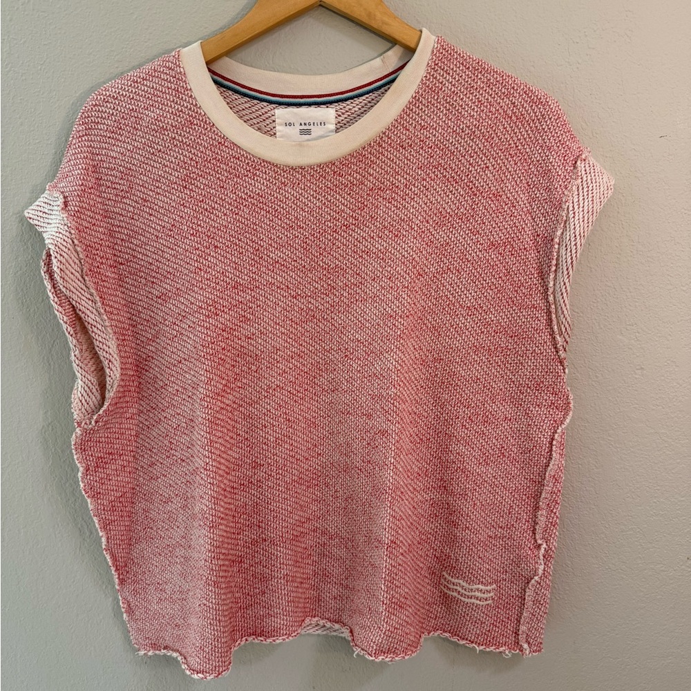 Sol Angeles Red White Textured Knit Cap Sleeve Top Size L